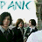 A 4-frame contact sheet of an animated AIM buddy icon featuring a group of people in school uniforms with text reading "PANIC AT THE DISCO" across the top and bottom frames, showing slight pose changes between frames.