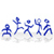 Five blue pixelated figures in dynamic poses on a white background with faint gray reflections beneath each figure.