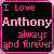 identical pink text icons on black backgrounds with animated star trails, each displaying "I Love Anthony always and forever" in pixelated font
