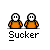 Two pixelated orange figures with white faces and black eyes stand side-by-side under a gray background, with text below reading "Sucker" and one version showing a speech bubble.