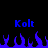 Blue pixelated text 'Kolt' appears twice above a of blue flames on a black background