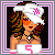 Pixel art contact sheet showing multiple frames of an animated AIM buddy icon featuring a cartoon woman with brown curly hair, orange sunglasses, and pink-and-white accessories against black backgrounds with pink borders.