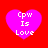Four identical pink hearts on red background with white text "Cpw Is Love" in pixelated font.