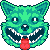 Pixelated green animal head with large white eyes, black pupils, and a wide open mouth showing sharp white teeth and a red tongue against a gray background.