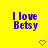 Yellow background with blue pixelated text reading "I love Betsy" and two pink heart symbols below.