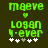 Green pixelated text 'mgeve', 'logan', 'q-eve' with a heart symbol and five star-like symbols on a dark background, showing animation changes in star positions.