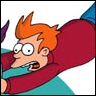 Cartoon character with orange spiky hair, wide eyes, and open mouth in shock, wearing red hoodie over teal shirt, arms raised, background white with partial purple and teal shapes.