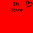 Red background with black pixelated text "In love" on left and right, and a pixelated heart symbol in the center.