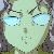 Pixelated static image of a light green face with large blue eyes and dark green hair against a muted background.