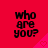 Red background with black text reading "who are you?" and pink triangular shapes containing heart symbols.