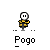 Pixelated character with white head and yellow body in multiple poses above text "Pogo" on gray background.