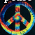 A pixelated peace symbol with a rainbow gradient border on dark background, featuring visible text "P" at top left.