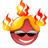 Two side-by-side animated frames of a cartoon character with red face, blonde hair, sunglasses, and flames on top against gray background.