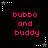 Pixelated text 'bubbo and buddy' in bright pink on black background with white and gray star-shaped corner elements.