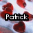 Pixelated image with red heart shapes scattered across a light blue background and the name 'Patrick' in white text on a black bar.