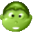 Pixelated green circular icon with rounded hair, large white eyes with black pupils, a small nose, and a closed mouth on a gray background.