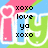 Pixelated icon with pink heart-shaped 'i' and green 'y' letters, blue and green background, black text 'xoxo love ya xoxo' on left, black '<3' symbols on right.
