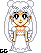 Pixel art of a character with long white hair, blue eyes, and a white dress with yellow accents, standing against a gray background.
