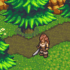 Pixel art character with brown hair and beard stands on grassy terrain holding a sword, surrounded by green trees and small white flowers.