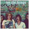 Pixelated image of four people with a red crown graphic above them and 'we the kings' text at the top against a teal background.