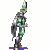 Pixelated character in green and silver armor with a tall green helmet, shown in multiple poses including standing, raising an arm, and holding a yellow curved object.