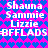 Pixelated text displays names and symbols on a heart-patterned background with alternating blue and pink colors.