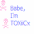 Two pink pixelated skull-and-crossbones icons flank light blue text reading 'Baby, I'm TOXIC' on a white background.