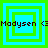 Four identical pixelated squares with green and cyan borders, each containing the text "Modysen <3" in dark brown pixels.