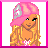 Pixelated image of a blonde woman with pink hair accessory and green eyes, next to purple flower with "Be cool!" text.