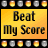 Yellow-orange gradient background with black text reading "Beat My Score" in pixelated font, surrounded by small circular icons showing alternating light and dark states.