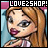 A 4-frame animated contact sheet of a cartoon doll with long brown hair, pink lips, and blue eyes in various poses against a light blue background with "LOVE2SHOP!" text at the top.