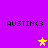 Purple background with four 'AUSTIN<3' text blocks and two star icons in yellow and peach, one star animating between positions.