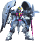 Six pixelated mecha figures with large wing-like shoulder armor, pink and yellow chest accents, and a long pink staff pose in sequential animation frames against a gray background.