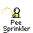 Animated contact sheet of a yellow stick figure character labeled "Pee Sprinkler" performing sequential motion frames with small yellow particle effects on gray background.