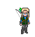 Pixel art character with blonde hair and blue eyes in green and blue outfit holding a sword and bow, shown in multiple poses with speech bubble and question marks.