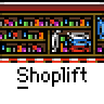Animated contact sheet showing 20 sequential frames of a pixel art character performing actions in front of a store shelf background with repeated "Shoplift" text labels.