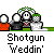 Pixel art wedding scene with four figures under a green arch, text 'Shotgun Weddin' below; speech bubbles change from 'SAY IT!', 'SAY I DO', to 'I DO'.