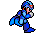 Pixel art character in blue armor with red helmet accents running through multiple motion frames on gray background.