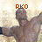 A pixelated image of a shirtless man with arms raised, displaying red text that changes across frames.