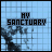 Pixelated -based icon with light blue background, dark smoke-like shapes, and changing text overlays including 'HI SANCTUARY', 'WHERE FEARS', 'AND LIES', and 'HELD HIGH' across frames