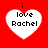 Four identical white heart-shaped icons with black text "i love Rachel" on a solid red background, arranged in a