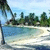 Pixelated static image of a beach scene with blue water, light sand, and green trees under a pale sky.