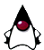 Two pixelated character icons with black pointed hats, red eyes, and white bodies against a gray background; one icon has arms at sides while the other raises its right arm.