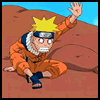 Naruto character in orange jumpsuit crouches on brown terrain with blue sky, hand raised then lowered to touch ground as yellow spark appears.