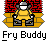 Animated contact sheet of Fry Buddy character in various states including sitting, exploding with yellow-green sparks, and emitting white smoke-like effects against brick wall backgrounds.