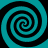Four identical spirals in cyan and black arranged in a on a cyan background