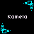 Pixelated cyan geometric shapes rotate clockwise around a central point beneath repeated 'Kamela' text on black background.