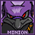 A static pixel art image of a purple and gray armored figure with red eyes and the word "MINION" below it.