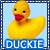 A static contact sheet of two identical animated frames showing a yellow rubber duck with red beak against light blue background, each labeled "DUCKIE" in white text on blue banner below.