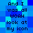 Pixelated blue background with repeated black text reading "And I was all WOAH look at my icon" in a pattern